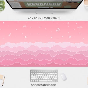 Kawaii Desk Mat pink, Cute Mouse Pad aesthetic, Pastel clouds sky doodle stars moon kawai, XXL large rgb led gaming deskmat mousepad