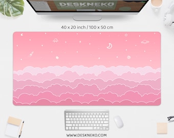 Kawaii Desk Mat pink, Cute Mouse Pad aesthetic, Pastel clouds sky doodle stars moon kawai, XXL large rgb led gaming deskmat mousepad