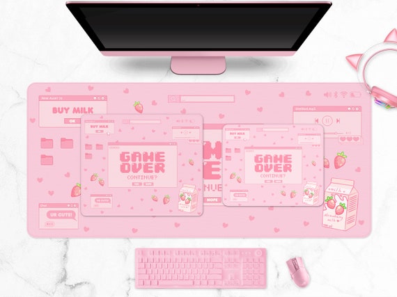 ストロベリーミルクデスクマット、かわいいパステルピンクのゲーミング