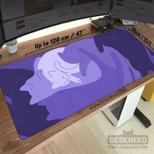 Purple Cats Desk Mat Cat Mouse Pad, Dark Magenta Mousepad Cute, Kawaii Deskmat xl, Large xxl led matt, Violet Lilac Aesthetic Office Decor