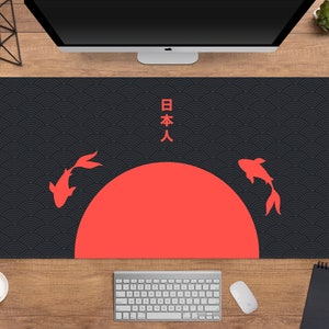 Alfombrilla de ratón japonesa mínima, alfombrilla de escritorio japonesa xl, negro y rojo, arte geométrico de Tokio Kyoto, alfombrilla de escritorio para sol naciente, alfombrilla de ratón para juegos extra grande