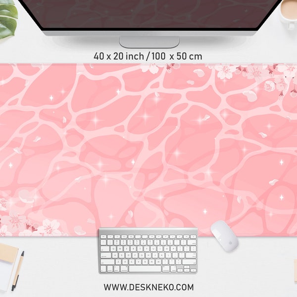 Cute desk mat pink, mousepad aesthetic, XXL gaming deskmat rgb led, Kawaii anime waves mouse pad with wrist rest, Sakura blossom mousemat xl