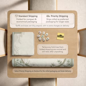 May include: A rectangular play mat featuring a light-colored bamboo and cloud pattern, shown both folded and rolled. The set includes several small white mahjong tiles with green and red characters and a yellow square sticker with the text DESKNEKO.