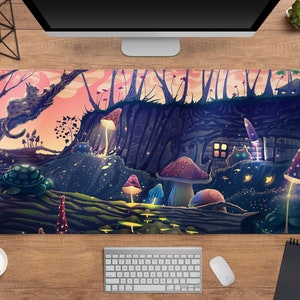 Magic Forest Desk Mat cute, Mushroom fairy mousepad xl, Cottagecore paddle stool nature deskmat, xxl gaming desk mat, Magical witch fairy