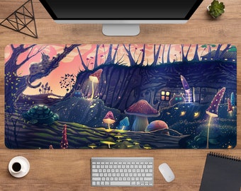 Magic Forest Desk Mat cute, Mushroom fairy mousepad xl, Cottagecore paddle stool nature deskmat, xxl gaming desk mat, Magical witch fairy