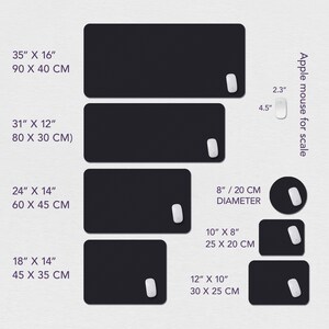 May include: A variety of black rectangular and circular mouse pads with white Apple mice for scale. Sizes range from 35" x 16" to 12" x 10", and 8" diameter. The image includes measurements in inches and centimeters.