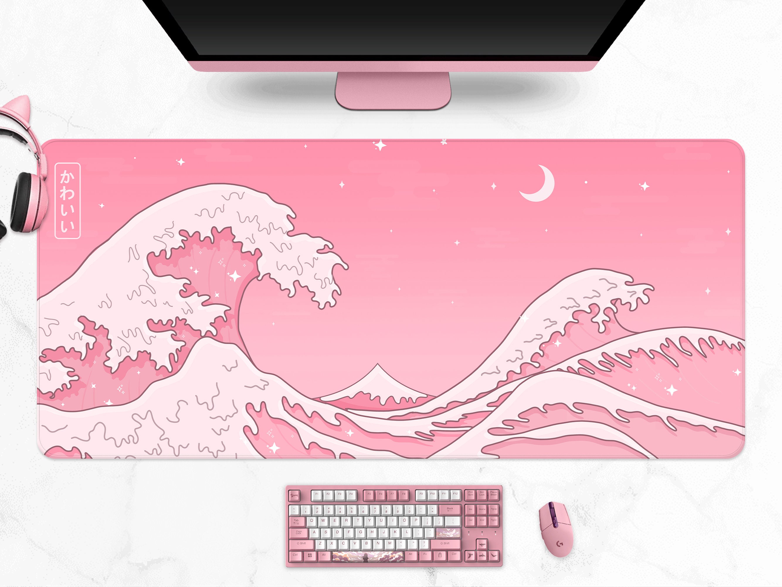 Anime Spring Japanese Village Desk Mat, Manga Style Rising Sun Mouse Pad,  Kawaii Colorful Sky XL Workspace Decor, Cute Desk Accessories 