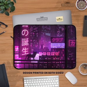 Purple Anime Laptop Sleeve, Vaporwave Notebook Bag, Dark Japanese Neon Aesthetic, Cat cover for ipad/macbook pro, 10 12 13 14 15 17 inch