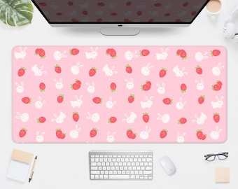 Strawberry Desk Mat Cute Mousepad Pink, Kawaii rabbit straw berry milk pattern, xl Pastel aesthetic deskmat kawai matt, XXL gaming mouse pad