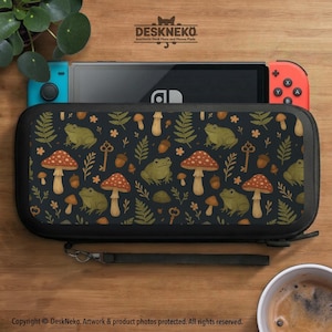 Switch carry case, hard shell travel pouch, shockproof bag, goblincore frog forest woodland art, mushroom cottagecore, zippered storage