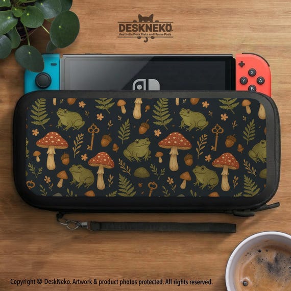 Switch carry case, hard shell travel pouch, shockproof bag, goblincore frog forest woodland art, mushroom cottagecore, zippered storage