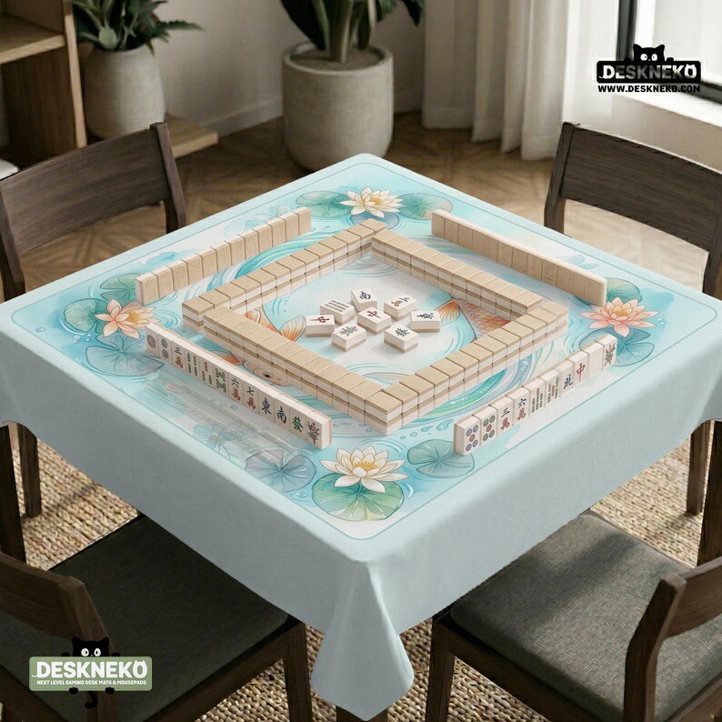 May include: A square table covered with a light blue cloth featuring a printed design of white and pink lotus flowers and green lily pads. A set of light-colored mahjong tiles is arranged in a square formation on the center of the table.