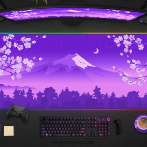 Purple Desk Mat Aesthetic Mountain, Japanese Mousepad Large, Cute Kawaii Anime Gaming Deskmat RGB LED, XXL extended mt fuji mouse pad xl