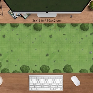 以下が含まれることがあります： 森のデザインとグリッドパターンが施された、緑色のゲーミングマウスパッド。 マウスパッドのサイズは90x40cmで、木や草地が詳細に描かれており、テーブルゲームに適しています。