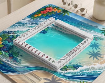 Tapete de Mahjong, Tapete de Mesa de Mahjong, Tapete de Juego de Mesa Laguna de Playa Tropical, Tapete de Juego Olas Oceánicas Costeras, Protector de Mesa Isla Hibisco