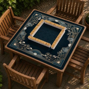 May include: A square wooden table with a dark blue patterned surface, featuring a decorative border with bamboo and cloud motifs. The table is set with wooden game pieces, and surrounded by wooden chairs.