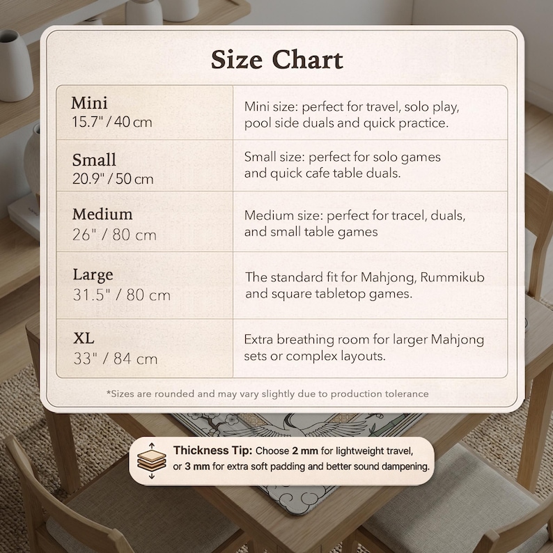 May include: Size chart for game mats, showing dimensions in inches and centimeters. Sizes range from Mini (15.7"/40 cm) to XL (33"/84 cm). Includes a thickness tip: choose 2 mm for lightweight travel or 3 mm for extra padding.