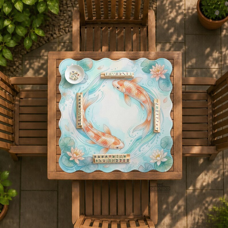 K&ouml;nnte beinhalten: Eine quadratische Mahjong-Matte mit gewelltem Rand, die einen hellblauen Wasserhintergrund, zwei orange-wei&szlig;e Koi-Fische im Kreis, rosa Lotusbl&uuml;ten und gr&uuml;ne Seerosenbl&auml;tter zeigt. Vier h&ouml;lzerne Spielsteinhalter liegen auf der Mattenoberfl&auml;che.