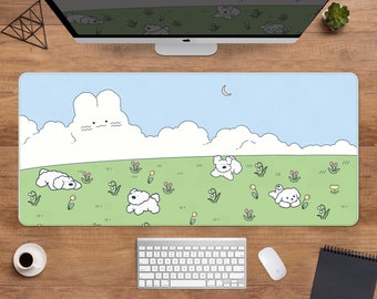 Kawaii Desk mat Dute Mousepad, Anime landscape aesthetics desk mat xl, kawai bear and bunny nature, Pastel beige brown and green mouse pad