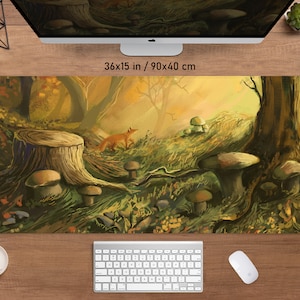 Autumn Forest Desk Mat fox Mousepad, Trees mushroom cottagecore, Nature green fall season witchy witch, small mouse pad xl large big Deskmat