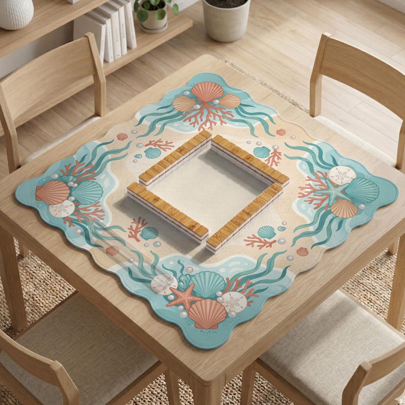 May include: A square scalloped-edge table mat featuring a beach-themed illustration with light blue waves, tan sand, pink coral, starfish, seashells, and sand dollars. In the center, four rectangular wooden tiles are arranged in a square frame.
