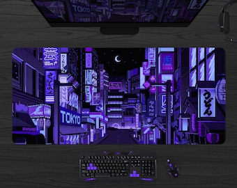 Retro Vaporwave mousepad, neon tokyo street pixel art, Purple Japanese anime, Skyline/City desk mat, XXL gaming mouse pad multiple sizes