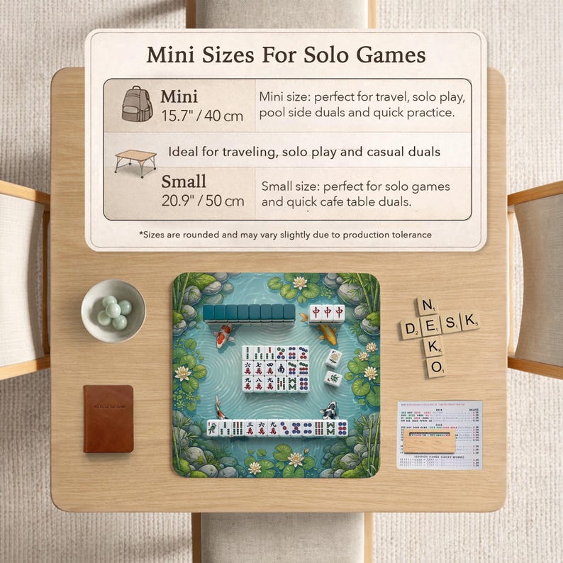 May include: A mahjong set on a pond-themed mat with koi fish and lily pads, accompanied by a small bowl of marbles, a brown notebook, wooden letter tiles spelling Neko Desk, and a size guide chart labeled Mini Sizes For Solo Games.