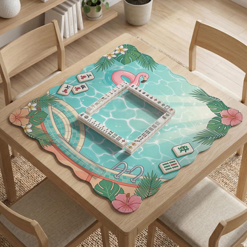 Mahjong Mat, Tropical Flamingo Poolside Table Mat, Aqua Pink Summer Mahjong Tablecloth Protector, Tabletop Game Play Mat, Travel Gift image 2