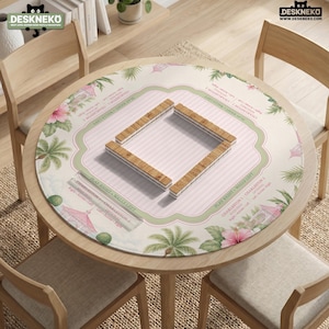 May include: A round mahjong mat featuring a light pink and white striped center with a green border, decorated with tropical palm trees, pink hibiscus flowers, and gazebos. The mat includes printed text for Charleston and wall directions.
