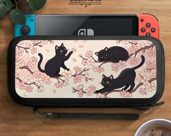Switch Case Compatible with Switch 2 and Switch 1, Pink Sakura Black Cat Travel Carrying Case, Storage Holder, Lite OLED Cover Pouch