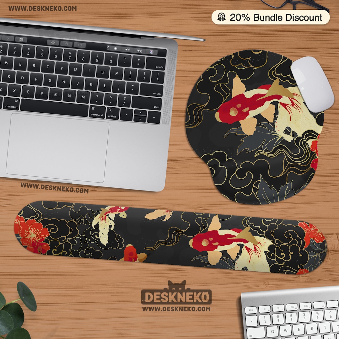Japanese Mousepad With Wrist Rest, Black Ergonomic Mouse Pad, Abstract