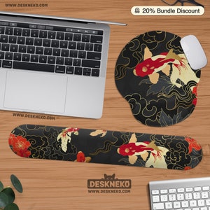 Japanese Mousepad with wrist rest, Black Ergonomic Mouse pad, Abstract Oriental koi fish art, large keyboard pad, deskmat gift for gamers