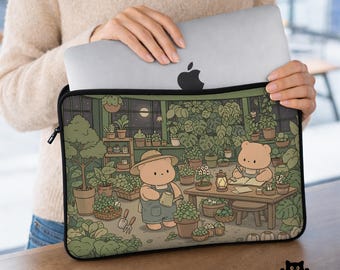 Kawaii Bear Laptop Sleeve & Bag, Cozy Cottagecore Greenhouse Case, Lofi Aesthetic MacBook Cover with Handle and Shoulder Strap, Cute Anime