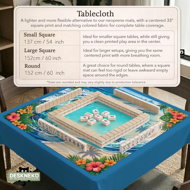 May include: A blue tablecloth featuring a tropical beach scene with hibiscus flowers, palm trees, and ocean waves. The center displays a mahjong tile setup. Text includes: Tablecloth, Small Square 137 cm / 54 inch, Large Square 152 cm / 60 inch, Round 152 cm / 60 inch.