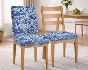 Coprisedia da pranzo Henriksdal, coprisedia da cucina elasticizzato e lavabile, decorazione con motivo floreale Chinoiserie blu e bianco a pagoda e gru.