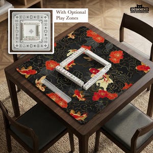 Mahjong mat, koi fish cherry blossom black gold, playmat japanese floral mah jong table cloth, mahjongg play mat gaming table protector pad