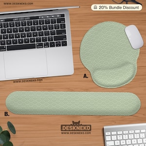 May include: A computer setup with a laptop, a white mouse, and a green wave-patterned mousepad and wrist rest. The mousepad has a gel wrist rest. The wrist rest is 30 cm long. The text "20% Bundle Discount" is visible.