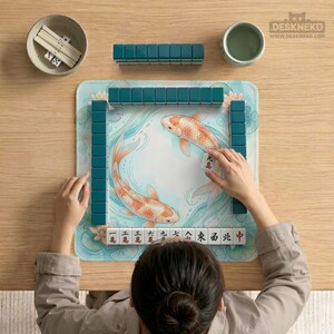 May include: A mahjong set featuring teal tiles and a play mat decorated with two orange koi fish swimming in a circular pattern. The mat includes a row of tiles with Chinese characters at the bottom, a bowl of dice, and a small cup on a wooden surface.