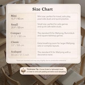 May include: Size chart for Mahjong game mats, with dimensions in inches and centimeters. Includes sizes from Mini (15.7"/40 cm) to Classic (33"/84 cm) and Scalloped (31.5 inch/80 cm). Thickness tip: 2 mm for travel, 3 mm for padding.