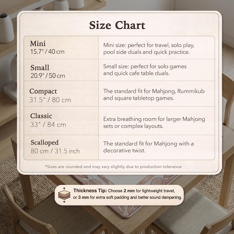 May include: Size chart for Mahjong game mats, with dimensions in inches and centimeters. Includes sizes from Mini (15.7"/40 cm) to Classic (33"/84 cm) and Scalloped (31.5 inch/80 cm). Thickness tip: 2 mm for travel, 3 mm for padding.