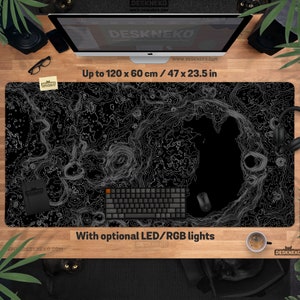 Moon Topo Desk Mat: Map Relief Mouse pad, Topography Contour Mousepad xxl, Black Gaming Deskmat RGB LED, XL large play matt, Gift for gamers