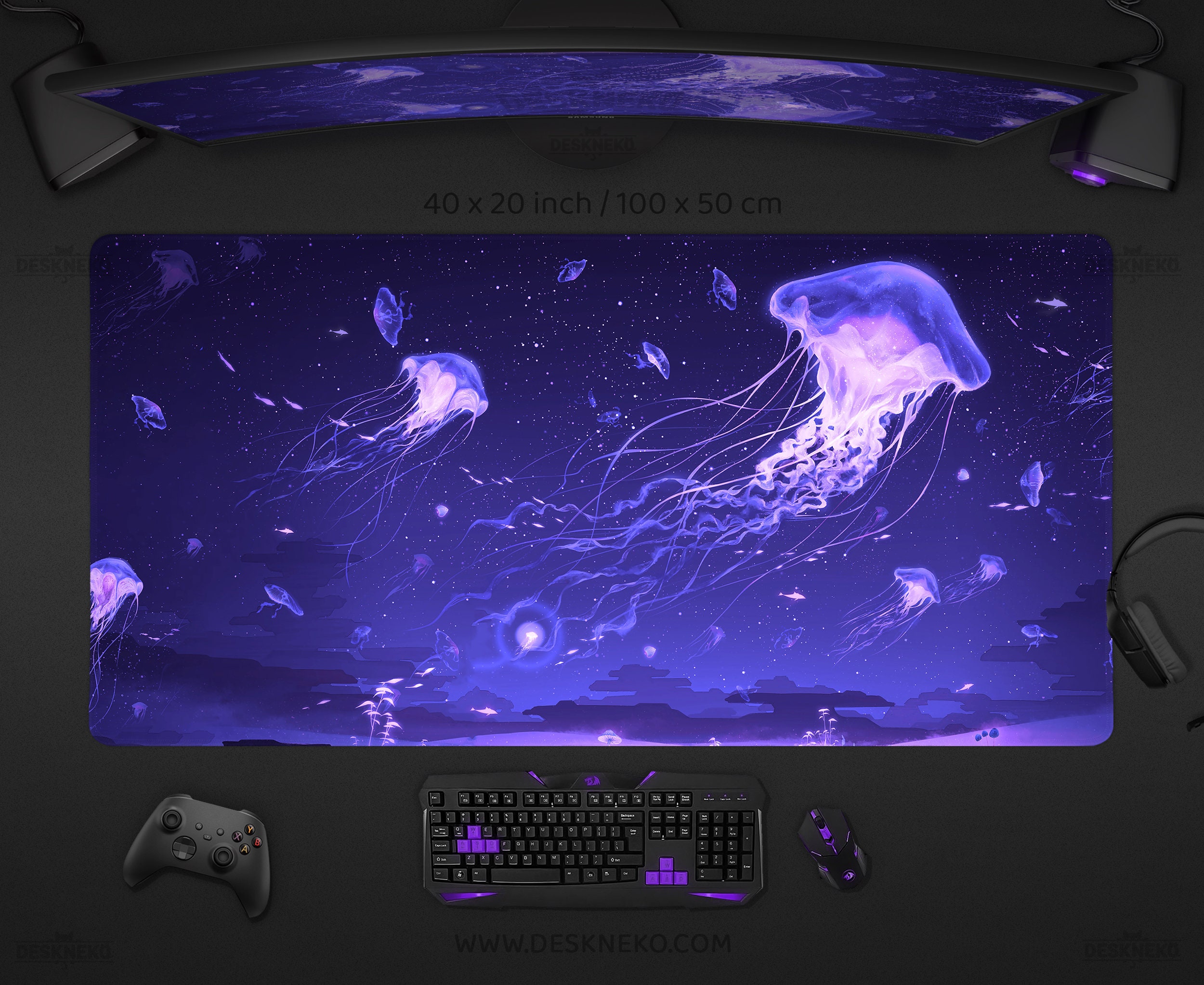 Jellyfish Desk Mat anime, Aesthetic Mouse Pad space ocean, Black Purple XXL Large gaming deskmat rgb led light glow, Big long wide Mousepad
