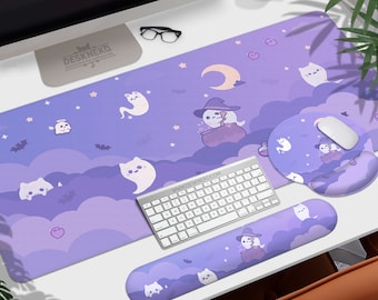 Kawaii Ghosts Desk Mat, Cute Witchy Mouse Pad, xxl Large Mousepad led, rgb keyboard matt xl, Pastel Goth Purple Aesthetic deskmat spooky cat