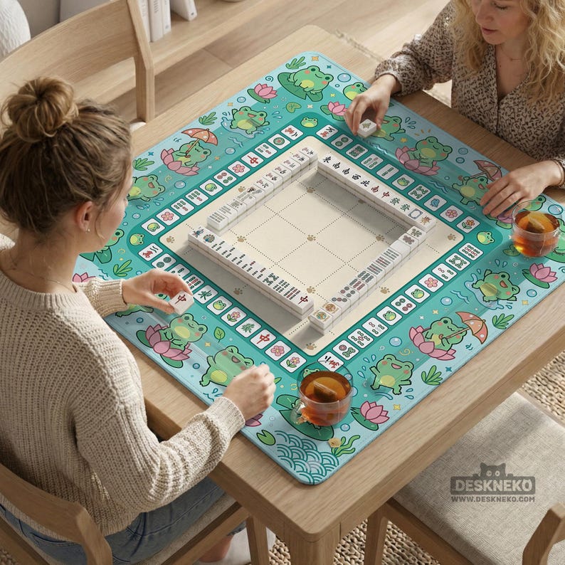 麻雀マット、かわいいカエルと蓮のテーブルマット、アメリカと中国の旅行用プレイマット、卓上ゲームパッド、ボードゲームテーブルクロス、麻雀ギフト 画像 6