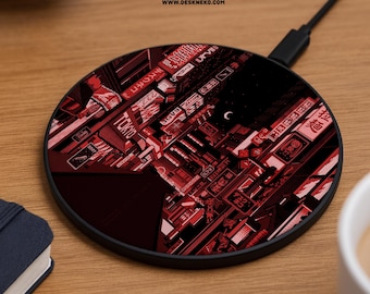 Red Tokyo Neon Wireless Charger, Cyberpunk Japanese Street Qi Charging Pad, Aesthetic Phone Dock, Gaming Desk Accessory Gift