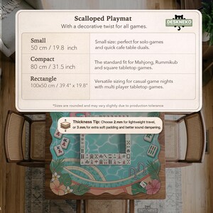 May include: Scalloped playmat with a decorative twist for all games. Available in small (19.8 inches), compact (31.5 inches), and rectangle (39.4" x 19.8") sizes. Features a pool-themed design with Mahjong tiles. Thickness tip: Choose 2 mm for lightweight travel, or 3 mm for extra soft padding.