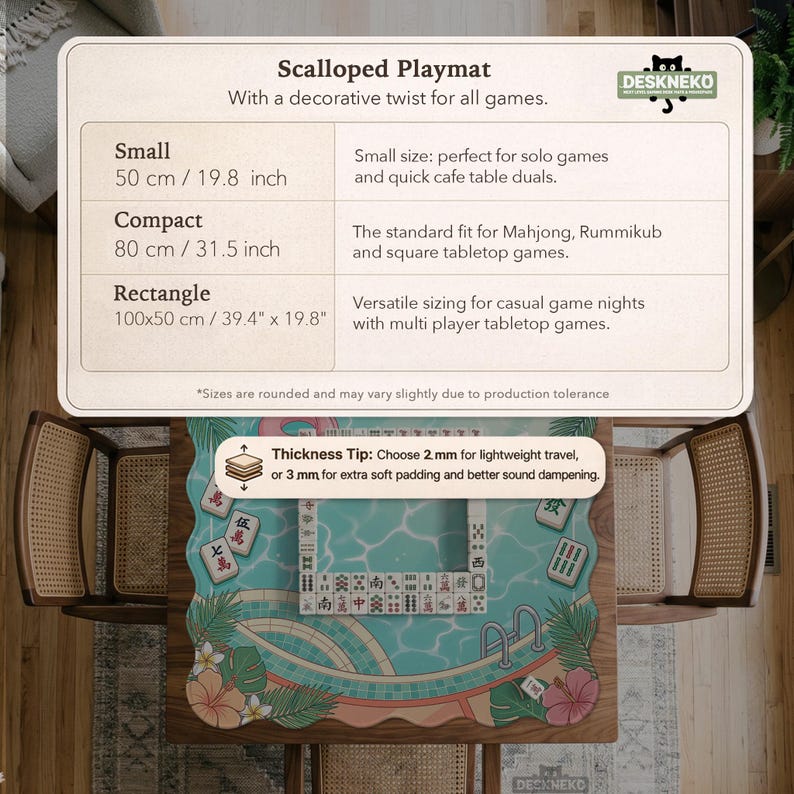 May include: Scalloped playmat with a decorative twist for all games. Available in small (19.8 inches), compact (31.5 inches), and rectangle (39.4" x 19.8") sizes. Features a pool-themed design with Mahjong tiles. Thickness tip: Choose 2 mm for lightweight travel, or 3 mm for extra soft padding.