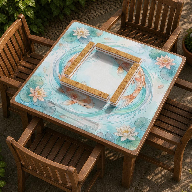 K&ouml;nnte beinhalten: Ein quadratischer Holztisch mit einer bedruckten Oberfl&auml;che, die Koi-Fische, Seerosen und Seerosenbl&auml;tter in Blau-, Gr&uuml;n- und Oranget&ouml;nen zeigt. Ein quadratischer Rahmen aus hellbraunen Bambusfliesen ist in der Mitte der Tischplatte platziert.