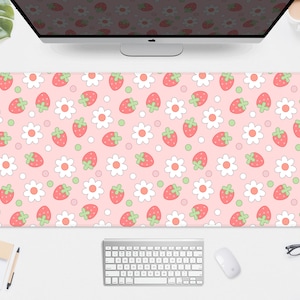 Strawberry Desk Mat Kawaii Mousepad Pink, Cute milk sakura cherry blossom pattern, Pastel aesthetic deskmat kawai matt, XXL gaming mouse pad