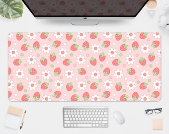 Tapis de souris rose à motif fraise kawaii, motif mignon de fleurs de cerisier sakura, tapis de souris kawaii pastel, tapis de souris gaming XXL